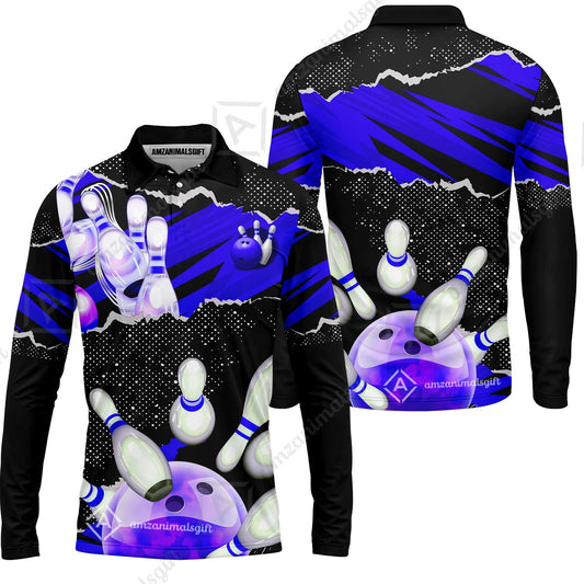 Personalized Bowling Team Long Sleeve Polo Shirt, Bowling Uniforms Ball & Pins Sport Pattern Custom Name And Team Name