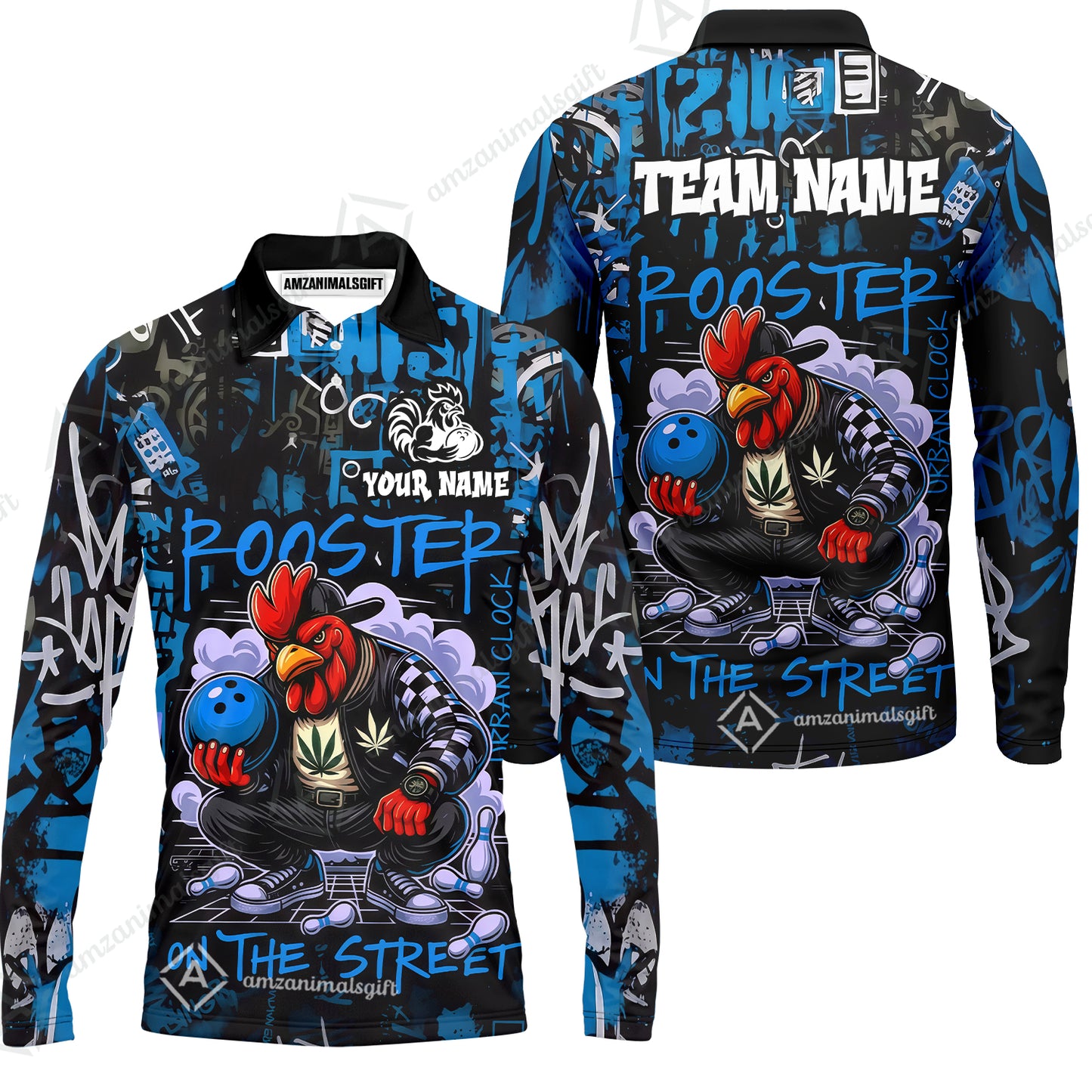 Customized Bowling Unisex Polo Shirt, Urban Streetwear Chicken Bowling Rooster On The Street, Personalized Name Team Name