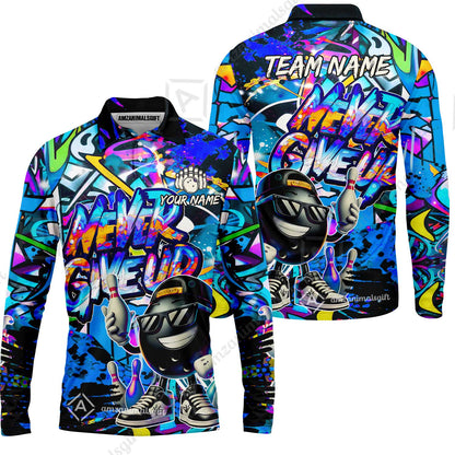 Customized Bowling Unisex Polo Shirt, Graffiti Bowling Funny Never Give Up Bowling Uniform, Personalized Name And Team Name