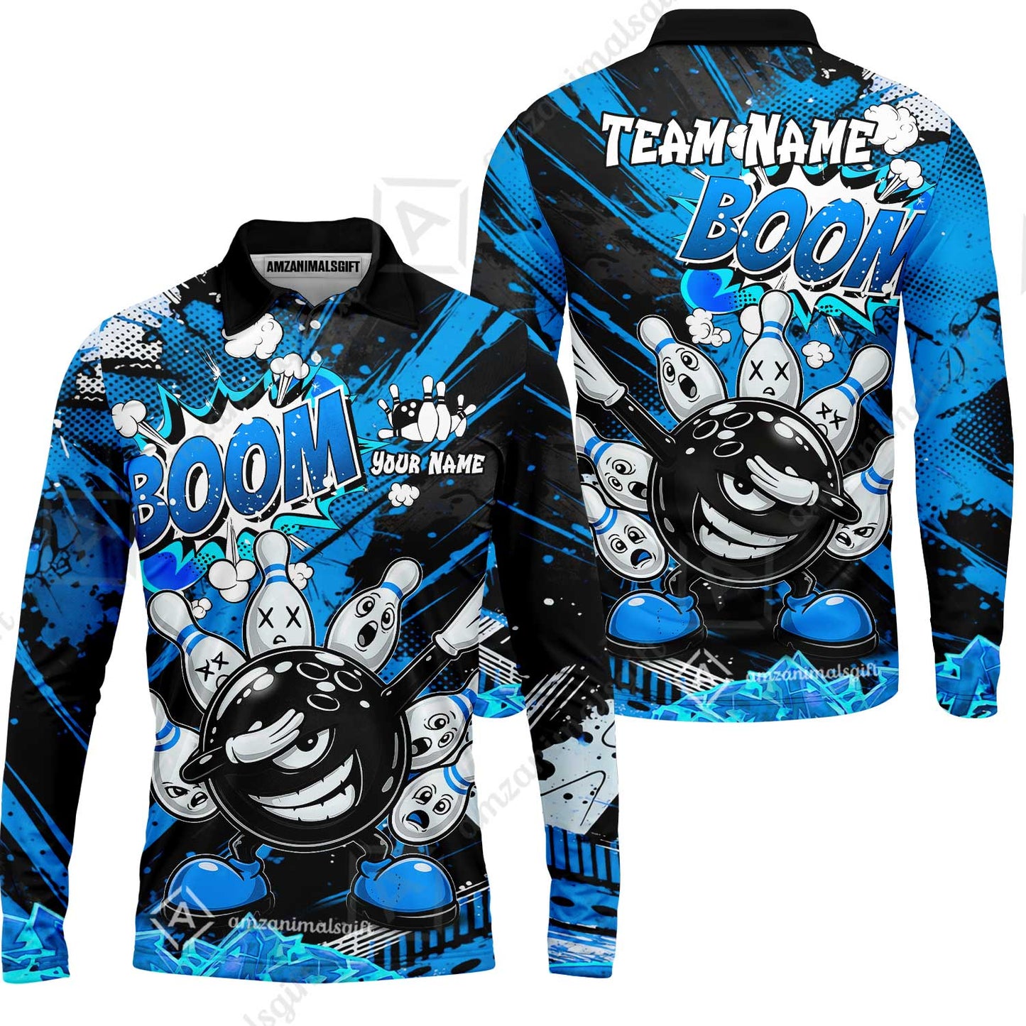 Customized Bowling Unisex Polo Shirt, Boom Bowling Angry Ball Screaming Pins, Personalized Name And Team Name For Bowlers