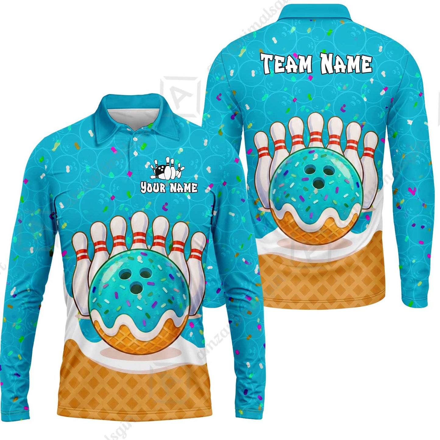 Custom Bowling Jersey Polo Shirt, Bowling Sprinkles Ice Cream Cone, Personalized Name & Team Name