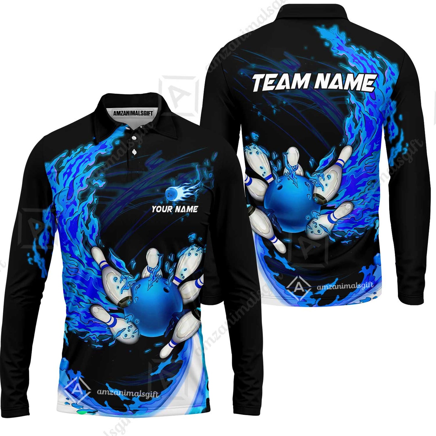 Customized Bowling Polo Team Jerseys, Breath Of Fire Bowling And Pins Multicolor Option Customized Name And Team Name For Bowling Team