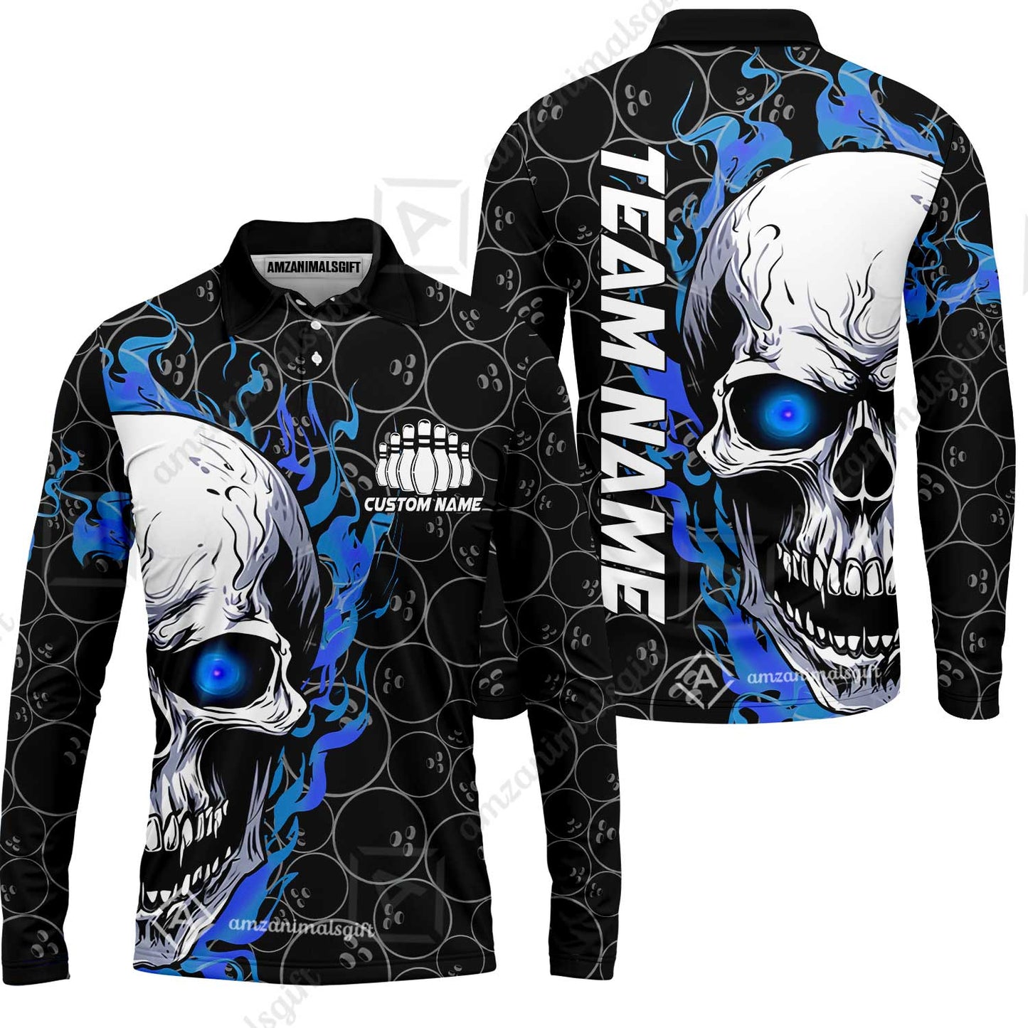 Personalized Bowling Unisex Polo Shirt, Green Flaming Skull Shirt For For Team Men Women Bowlers