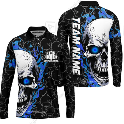 Personalized Bowling Unisex Polo Shirt, Green Flaming Skull Shirt For For Team Men Women Bowlers