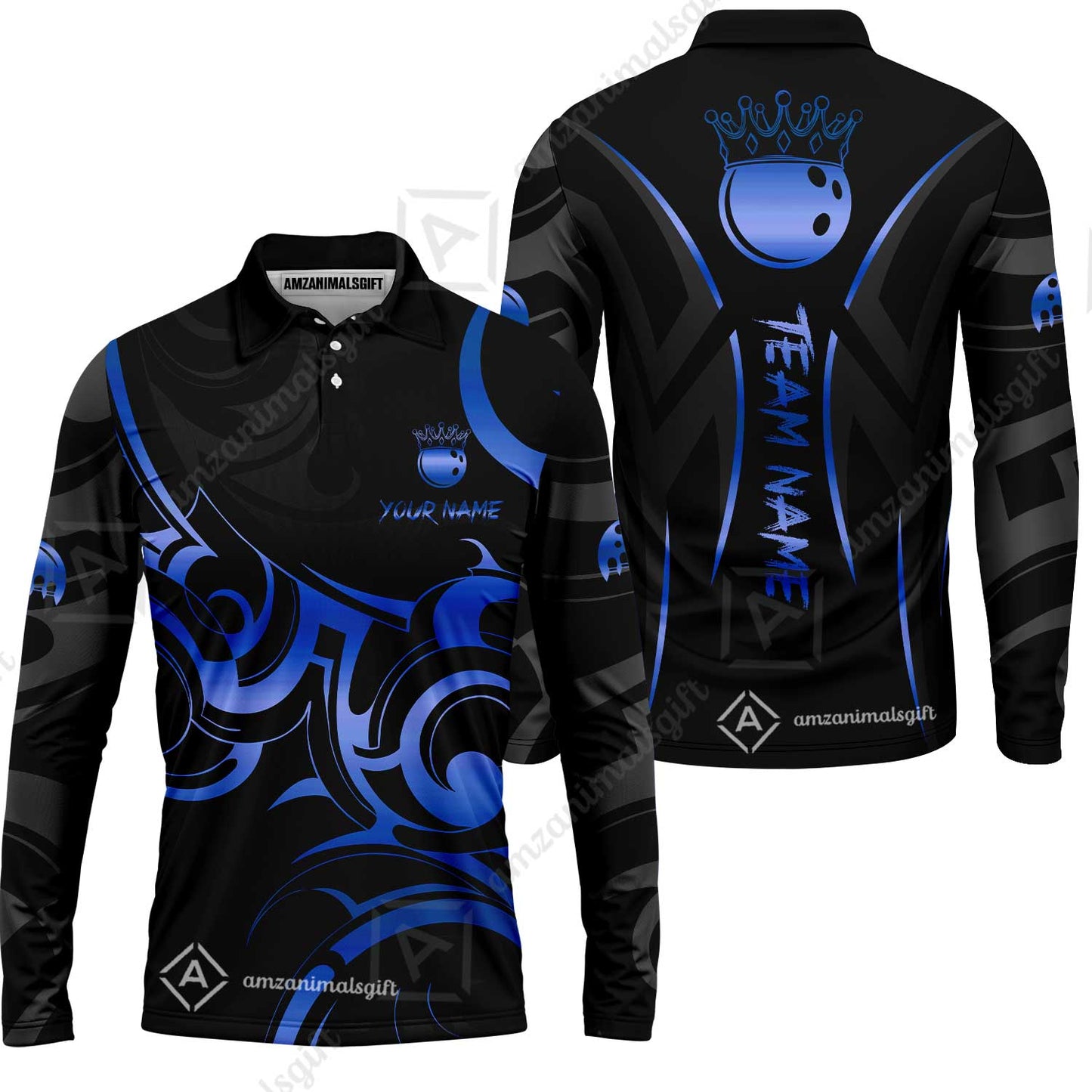 Customized Bowling Team Long Sleeve Polo Shirt, Bowling Swirling Fire Flames Gold And Black Style Long Sleeve Polo Shirt