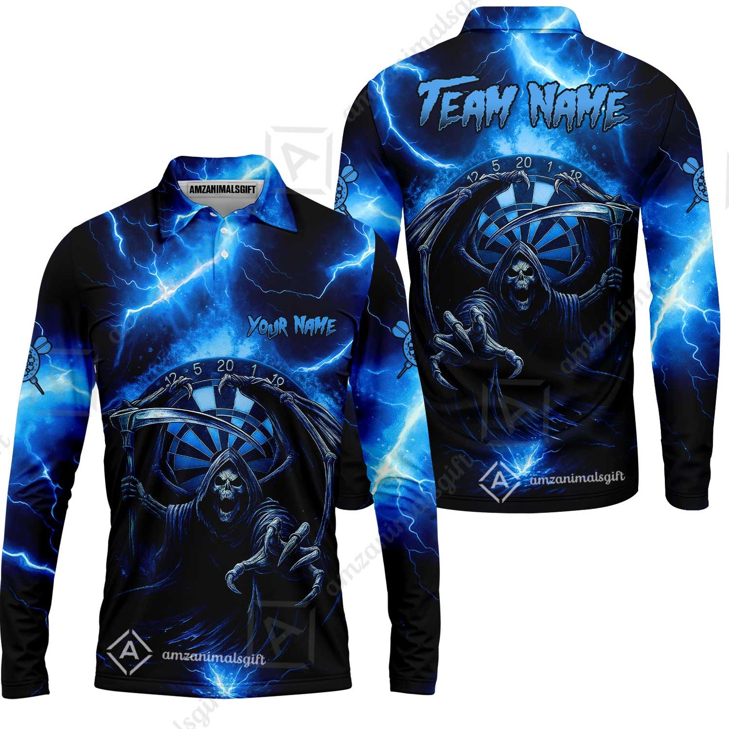 Customized Darts Long Sleeve Polo Shirt, Darts Grim Reaper Thunder Lightning Turquoise And Blue Team Long Sleeve Polo Shirt Jersey For Darts Player