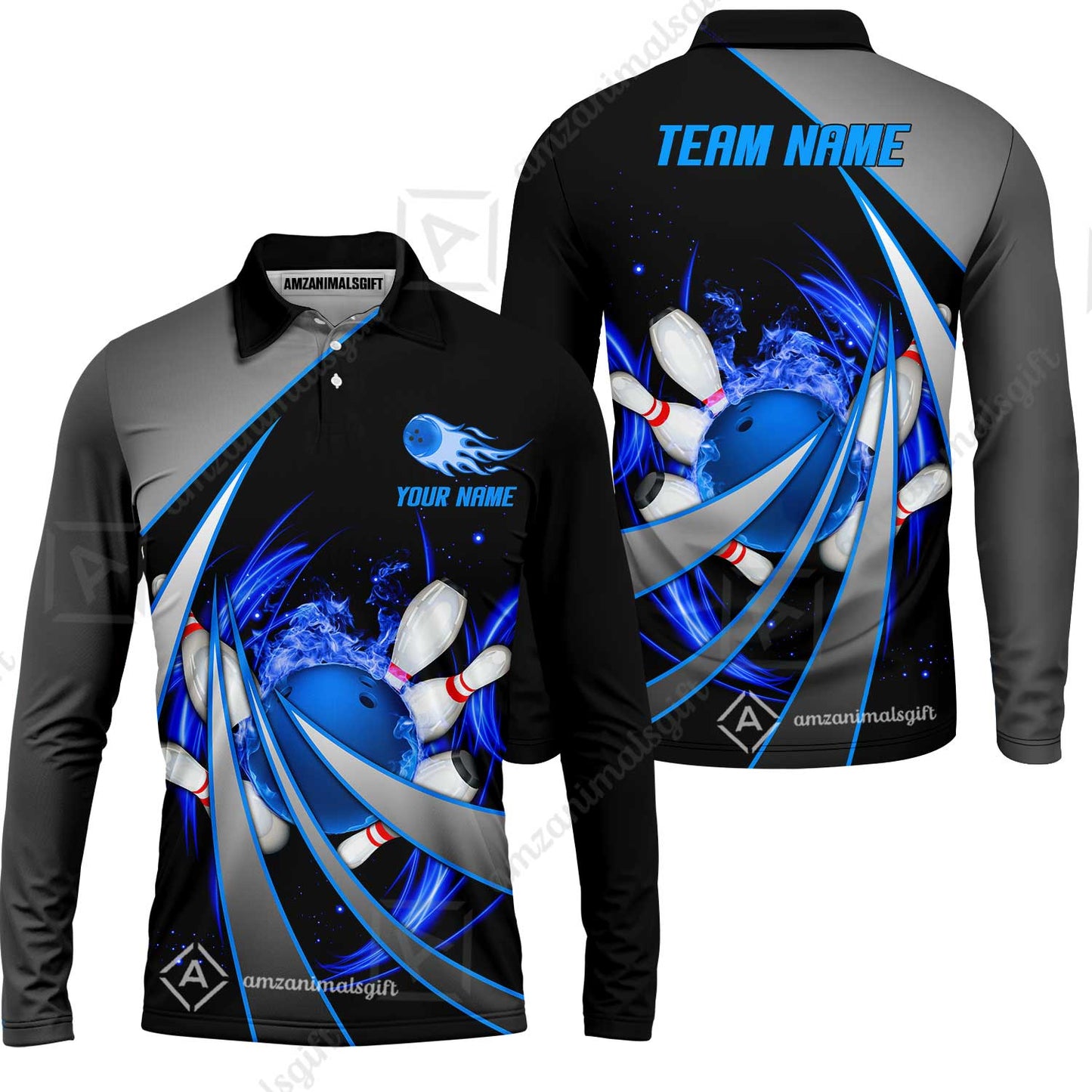 Customized Bowling Unisex Polo, Flame Bowling And Pins Tornado Pattern Multicolor Option Customized Name Zipper Polo Jerseys Shirts