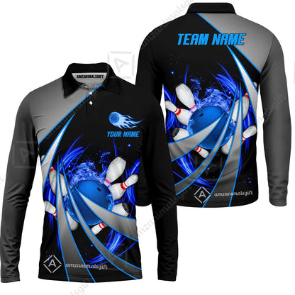Customized Bowling Unisex Polo, Flame Bowling And Pins Tornado Pattern Multicolor Option Customized Name Zipper Polo Jerseys Shirts
