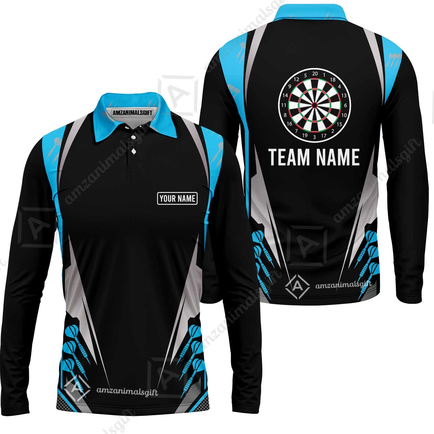 Customized Darts Team Long Sleeve Polo Shirt, Dartboard Center Multicolor Option With Personalized Name And Team Name