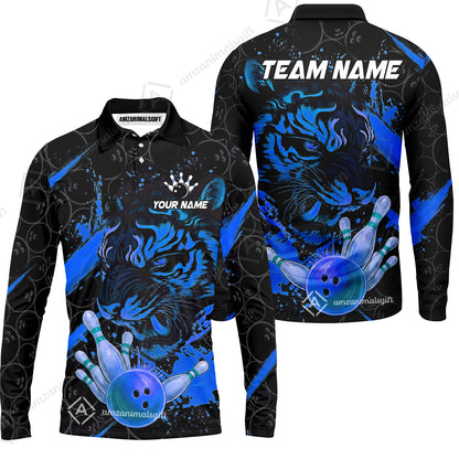 Customized Bowling Unisex Polo Shirt, Tiger Ball Striking Pins, Bowling Uniforms, Personalized Name And Team Name