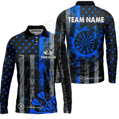 Customized Darts Long Sleeve Polo Shirt, Turquoise Grunge US Flag Patriotic Darts Long Sleeve Polo Shirt Team Style Jersey for Darts Players