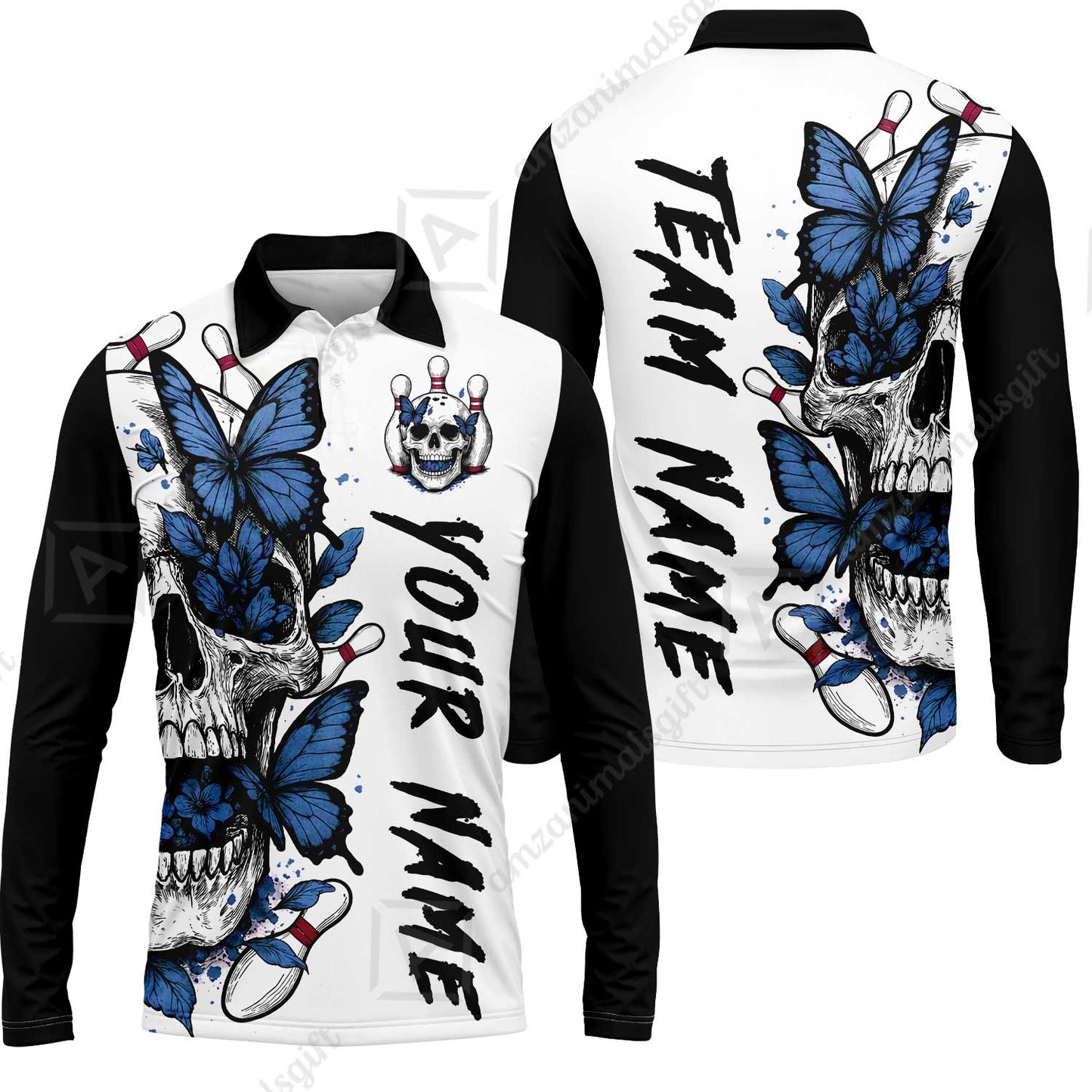 Custom Bowling Jersey Polo Shirt, Skull With Butterfly, Custom Bowling Jersey Team Shirt For Players With Name and Team Name