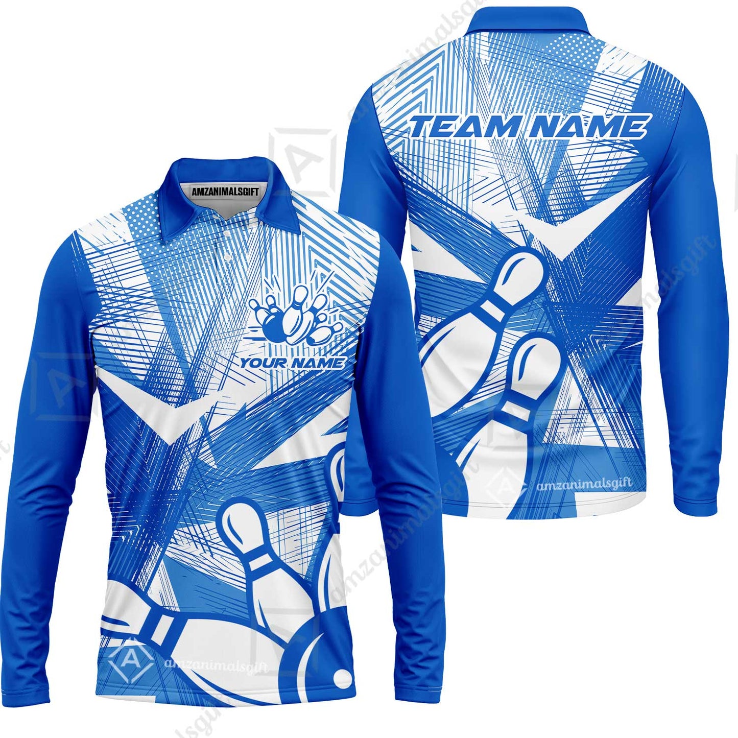 Customized Bowling Long Sleeve Polo Shirt, Bowling Ball And Pins Esports Pattern Long Sleeve Polo Shirt Uniform For Bowlers