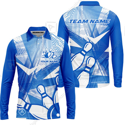 Customized Bowling Long Sleeve Polo Shirt, Bowling Ball And Pins Esports Pattern Long Sleeve Polo Shirt Uniform For Bowlers