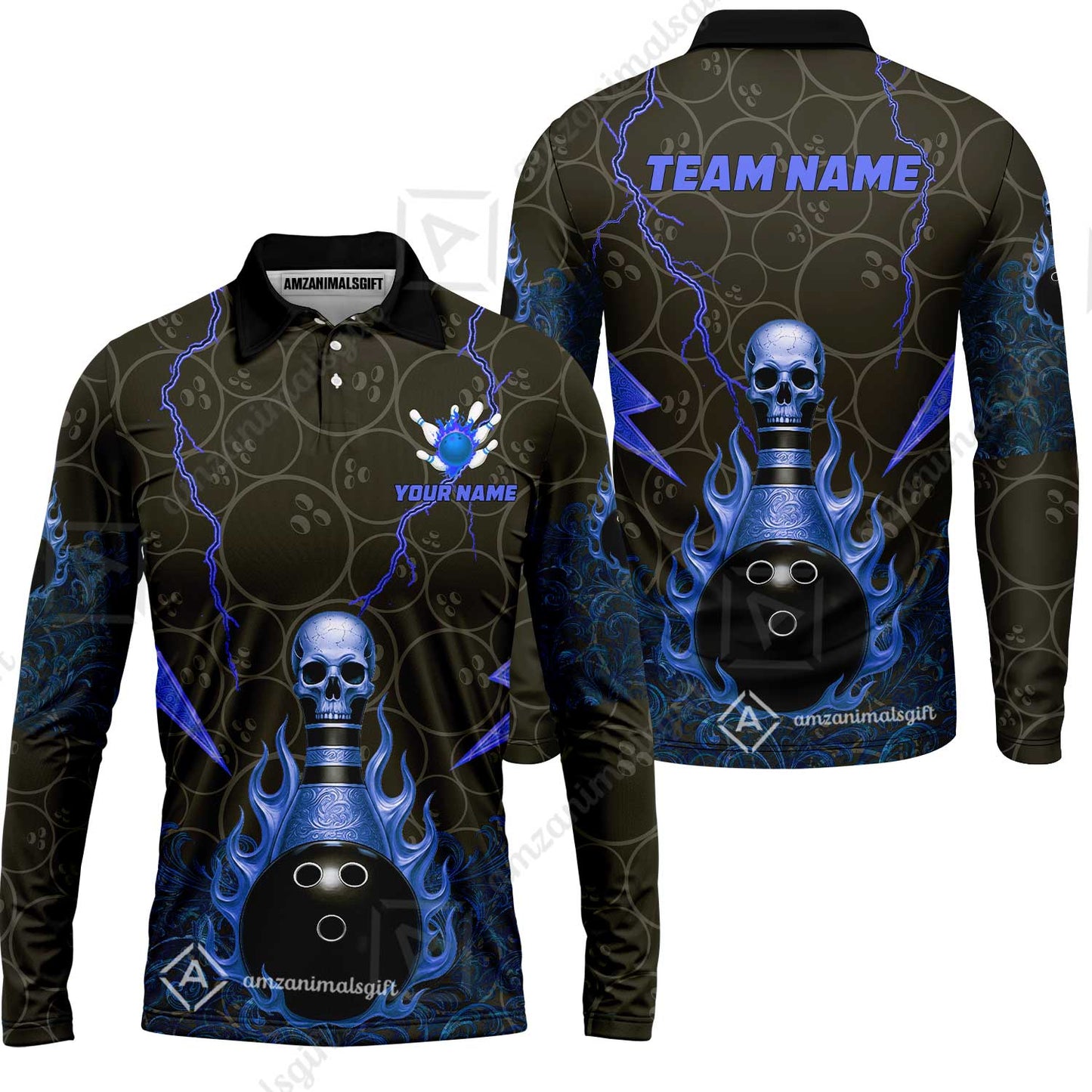 Custom Bowling Team Unisex Polo Shirt, Thunder Skull Strike Personalized Team Shirt, Custom Name and Team Name for Bowlers