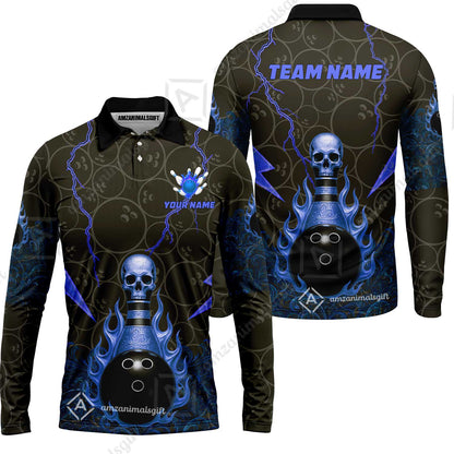Custom Bowling Team Unisex Polo Shirt, Thunder Skull Strike Personalized Team Shirt, Custom Name and Team Name for Bowlers
