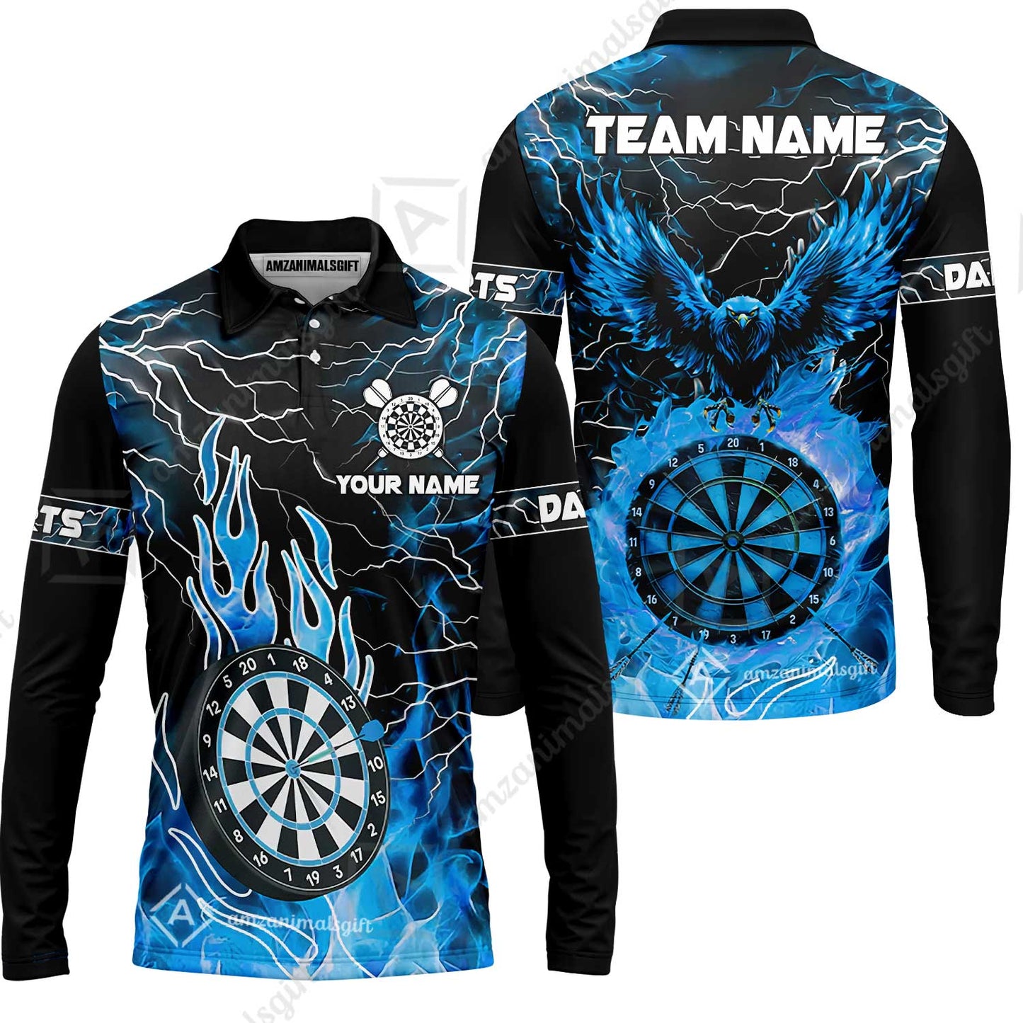 Custom Darts Team Jersey, Dartboard Fire Flame Custom Eagle Darts Jersey Polo Quarter-Zip Shirts, Custom Name And Team Name Darts Uniforms Jersey
