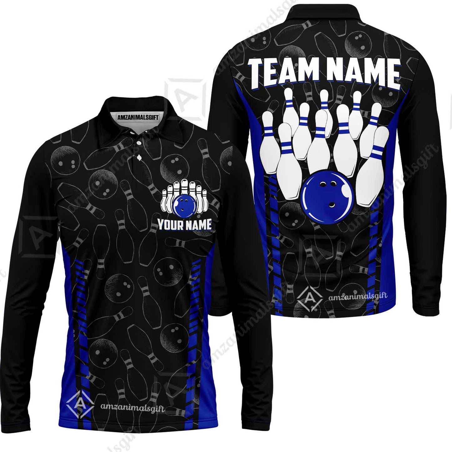 Custom Bowling Unisex Polo Shirts, Bowling Team Jersey Pattern, Bowling uniforms Ball & Pins Multicolor Options