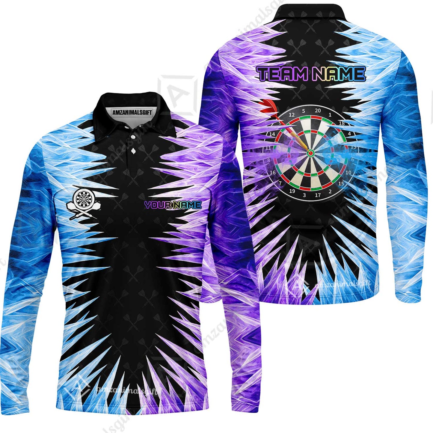 Customized Darts Long Sleeve Polo Shirt, Darts Dartboard Ice And Fire Multicolor Custom Darts Long Sleeve Polo Shirt Team Jersey For Darts Players