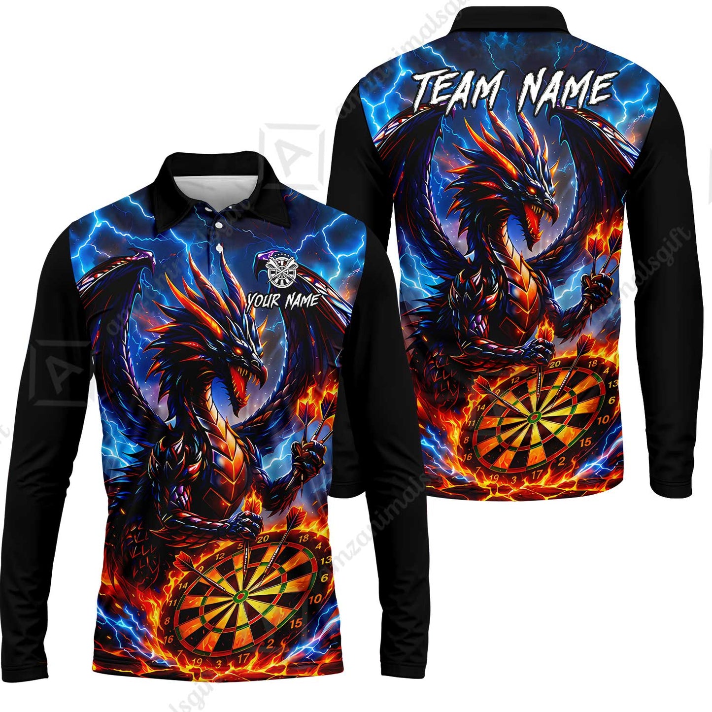 Custom Darts Jersey Polo Shirt, Dragon Fire Darts, Custom Dart Jersey Team Shirt For Players With Name & Team Name