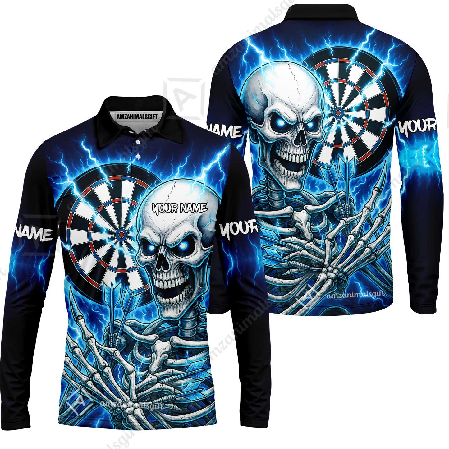 Custom Darts Team Long Sleeve Polo Shirt, Dartboard Electric Skeleton Darts Jersey Long Sleeve Polo Shirt, Custom Darts Uniforms Jersey