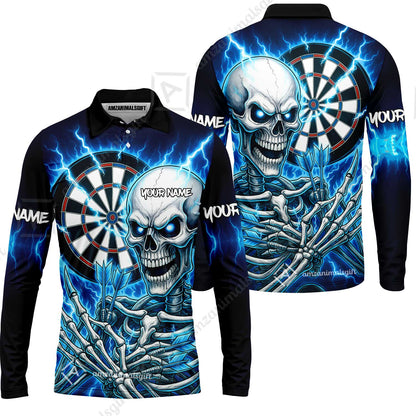 Custom Darts Team Long Sleeve Polo Shirt, Dartboard Electric Skeleton Darts Jersey Long Sleeve Polo Shirt, Custom Darts Uniforms Jersey