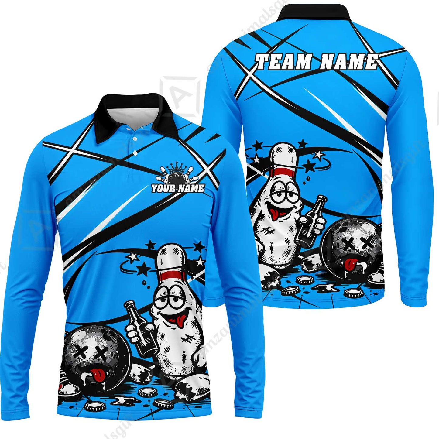 Custom Bowling Jersey Polo Shirt, Drunk Bowling Pin And Ball, Custom Bowling Jersey Team Shirt For Players With Name & Team Name