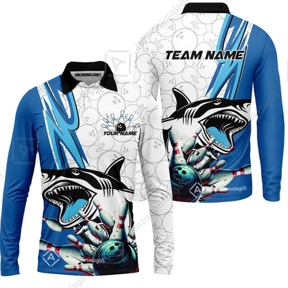 Custom Shark Bowling Team Jersey,  Shark Bowling Jersey Multicolor Polo Quarter-Zip Shirts, Bowling Uniforms Jerseys, Custom Name And Team Name