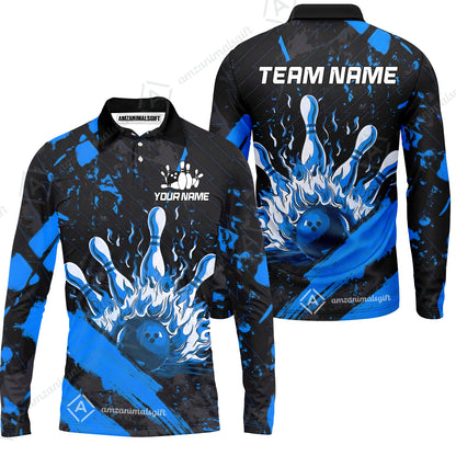 Customized Bowling Unisex Polo Shirt, Bowling And Pins Grunge Flame, Bowling Uniform - Personalized Name And Team Name