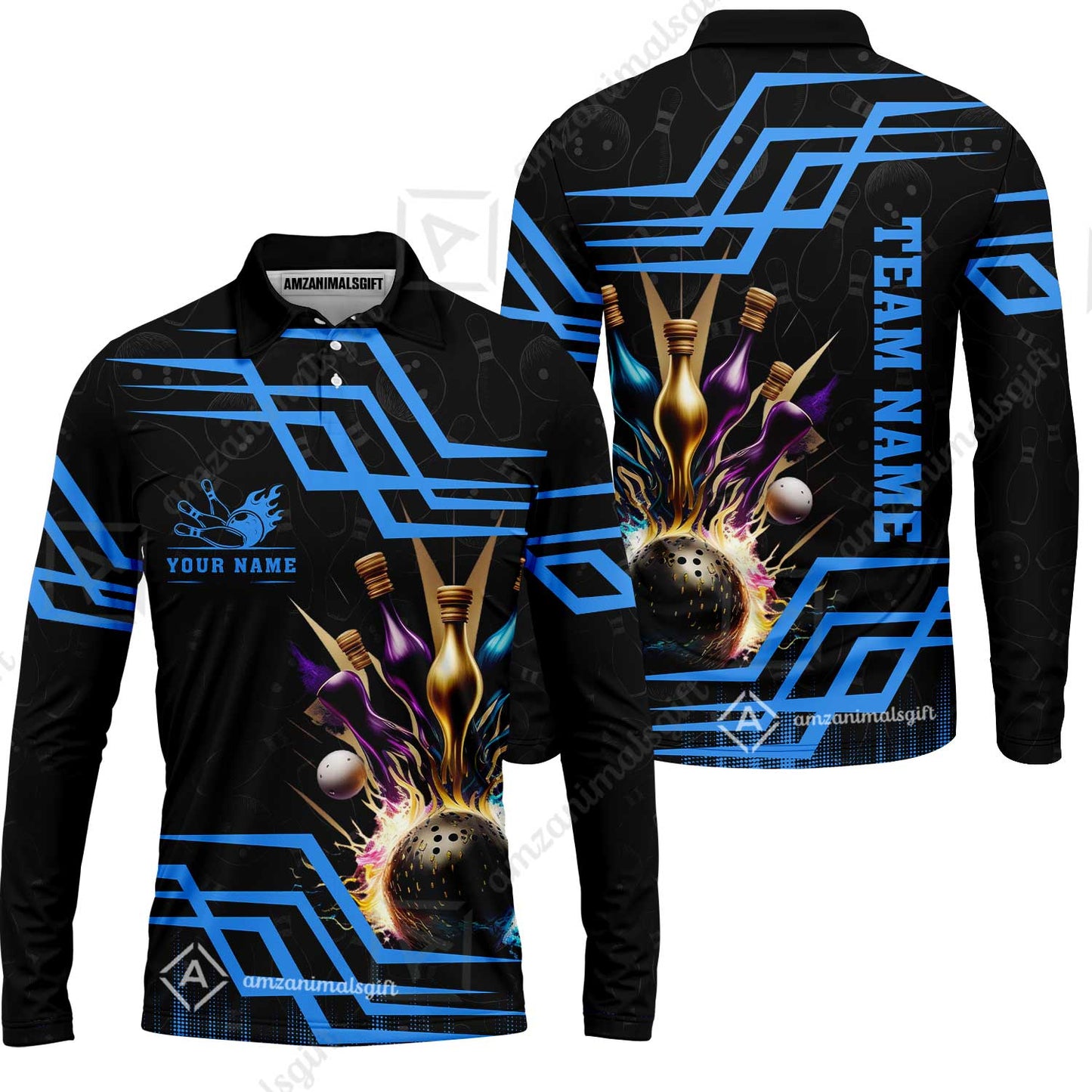 Customized Bowling Unisex Polo, Bowling And Pins Royal Multicolor Option Customized Name And Team Name For Bowling Team