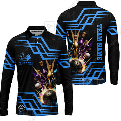 Customized Bowling Unisex Polo, Bowling And Pins Royal Multicolor Option Customized Name And Team Name For Bowling Team