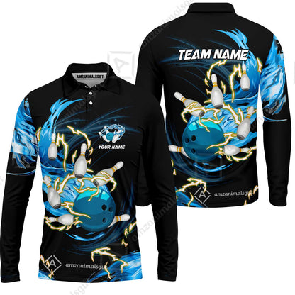 Customized Bowling Thunder Flame Long Sleeve Polo Shirt , Bowling Ball & Pins Breath Of Thunder Flame Multicolor Option, Perfect Outfit For Bowlers