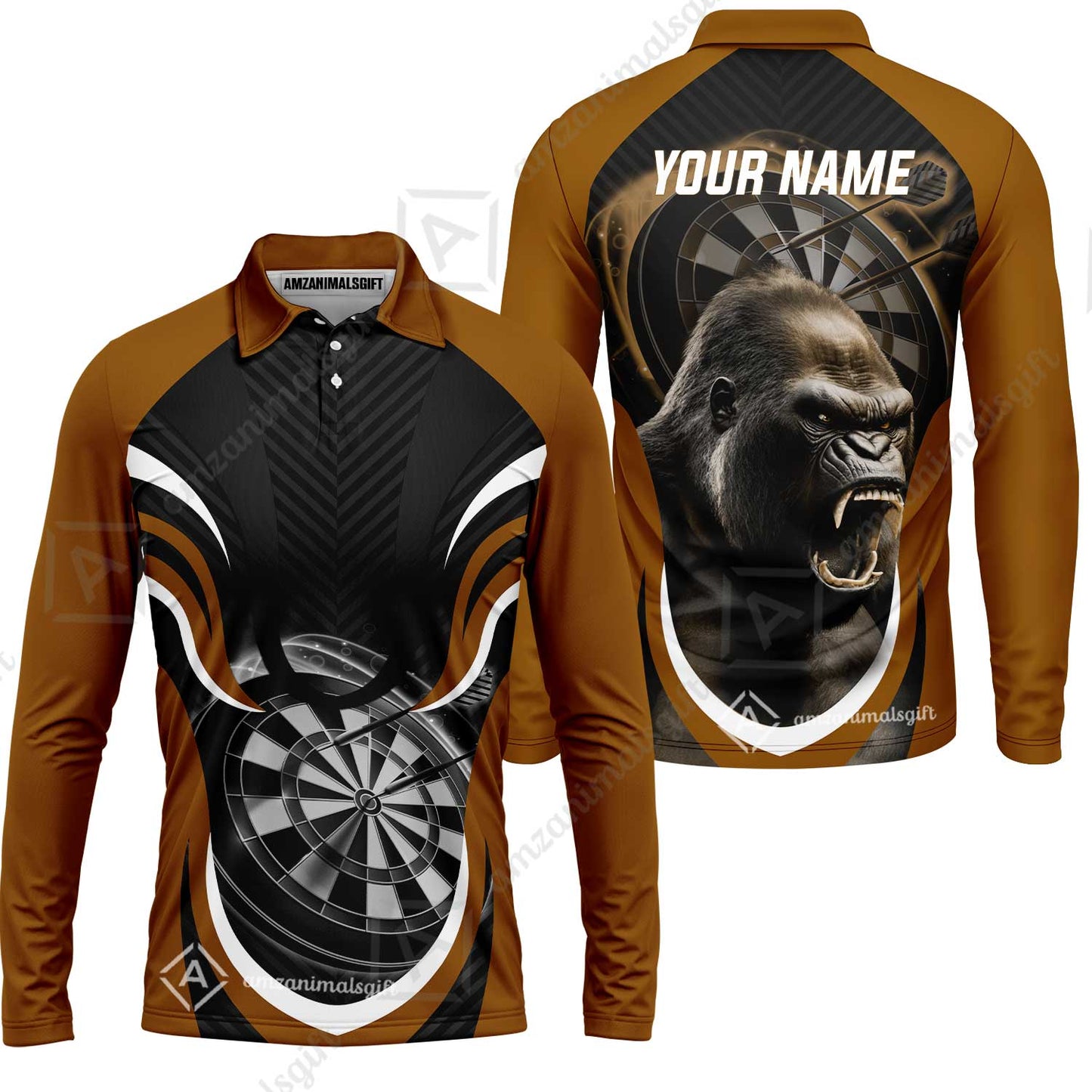 Gorilla And Darts Custom Name Men Polo Shirt, Bullseye Dartboard Brown Personalized Men Polo Shirt Gift For Darts Lovers, Team, Friends