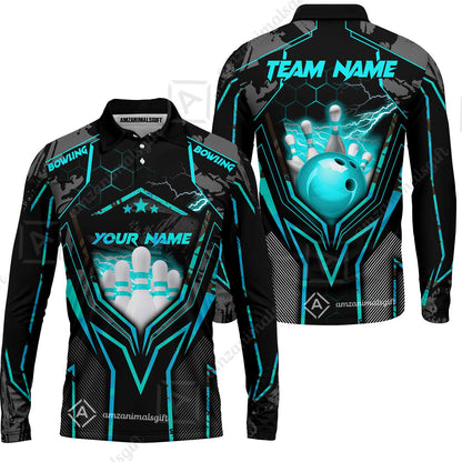 Customized Bowling Jersey, Bowling And Pins Abstract Grunge Texture X Multicolor Option Customized Name And Team Name Zipper Polo Jerseys Shirts