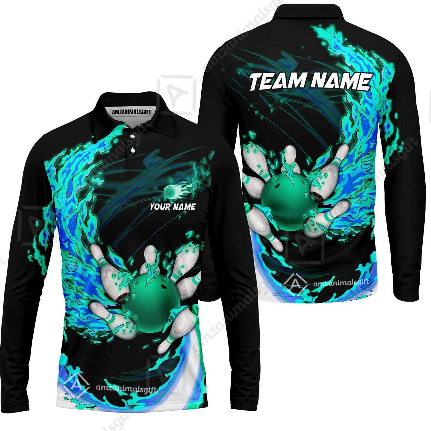 Customized Bowling Polo Team Jerseys, Breath Of Fire Bowling And Pins Multicolor Option Customized Name And Team Name For Bowling Team