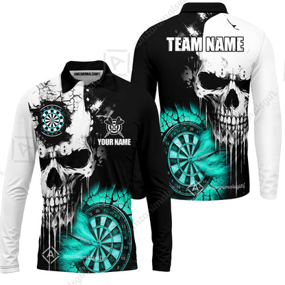 Custom Grunge Skull Crack Wall Darts Team Long Sleeve Polo Shirt, Customized Name Team Name Darts Polo Team Jerseys Uniform