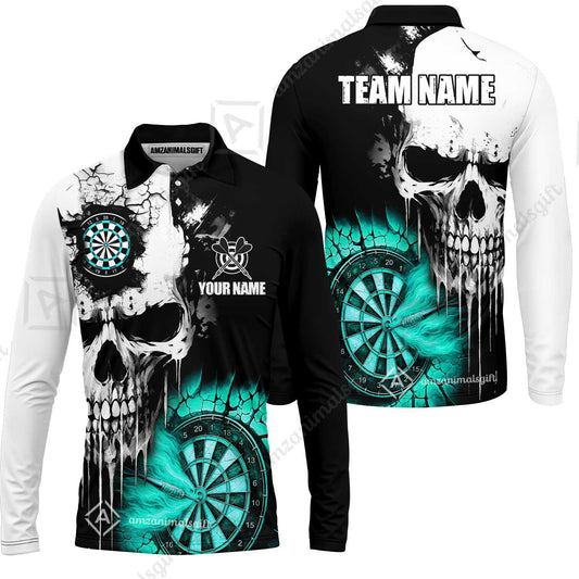 Custom Grunge Skull Crack Wall Darts Team Long Sleeve Polo Shirt, Customized Name Team Name Darts Polo Team Jerseys Uniform