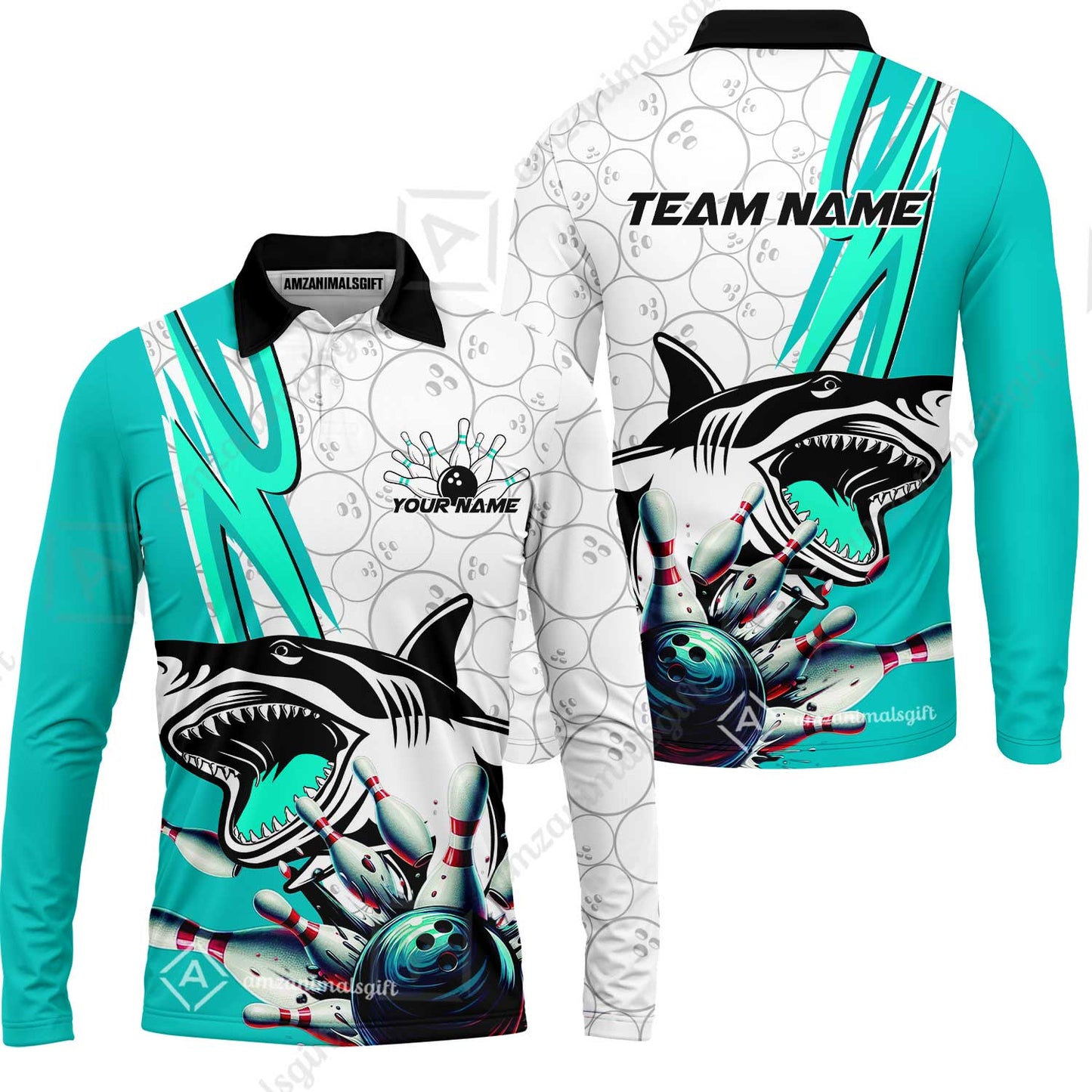 Custom Shark Bowling Team Jersey,  Shark Bowling Jersey Multicolor Polo Quarter-Zip Shirts, Bowling Uniforms Jerseys, Custom Name And Team Name