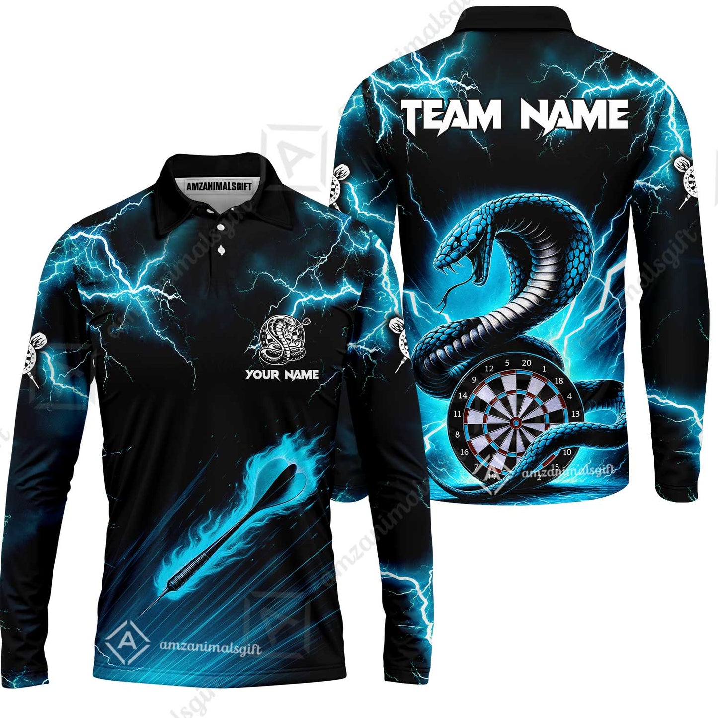 Customized Darts Long Sleeve Polo Shirt, Darts Thunder Lightning Custom Cobra Snake Men Dart Multicolor Jersey For Darts Player