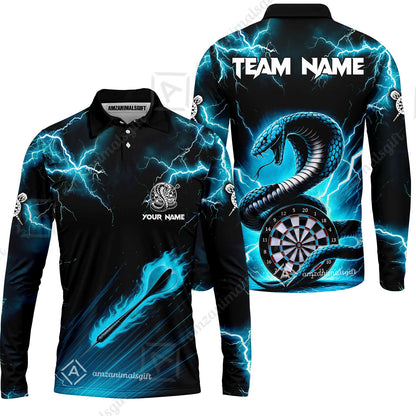 Customized Darts Long Sleeve Polo Shirt, Darts Thunder Lightning Custom Cobra Snake Men Dart Multicolor Jersey For Darts Player