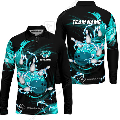 Customized Bowling Thunder Flame Long Sleeve Polo Shirt , Bowling Ball & Pins Breath Of Thunder Flame Multicolor Option, Perfect Outfit For Bowlers