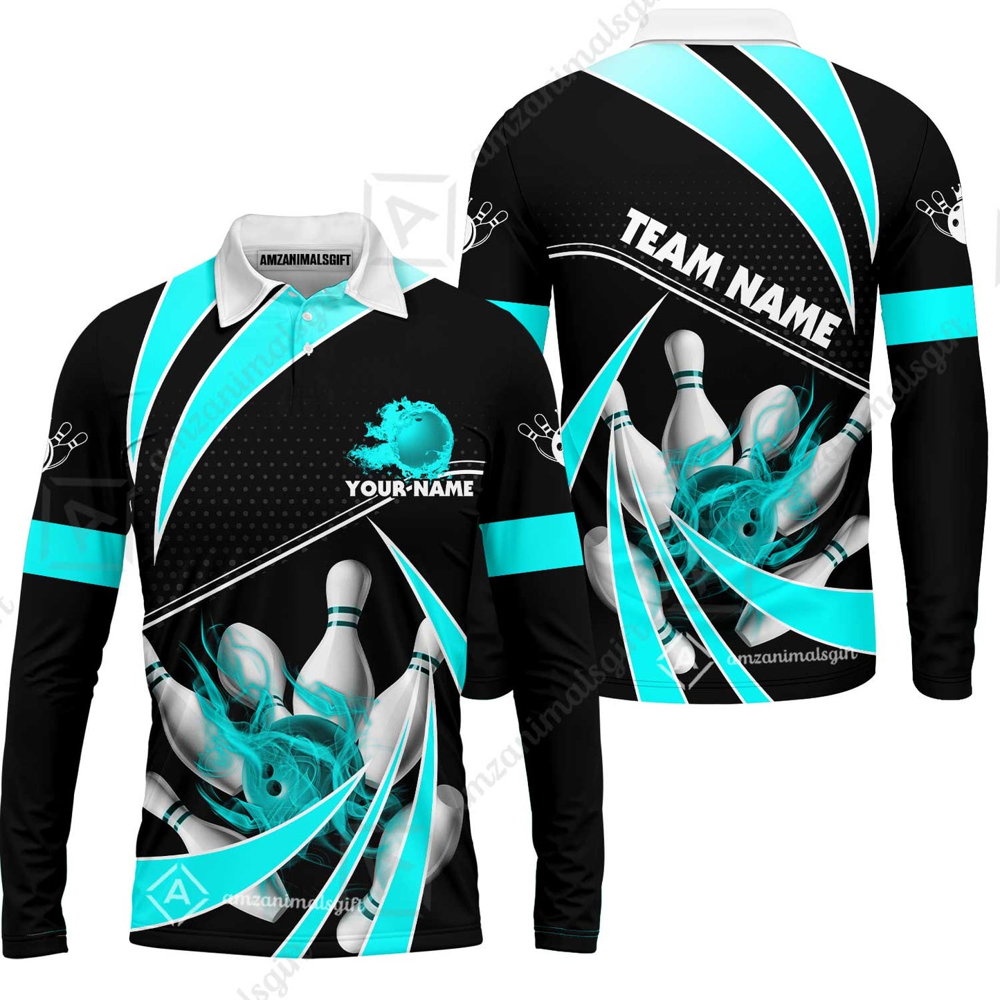 Customized Bowling Long Sleeve Polo Shirt, Bowling Ball & Pins Fire Light Sport Long Sleeve Polo Shirt Multicolor Option For Bowlers