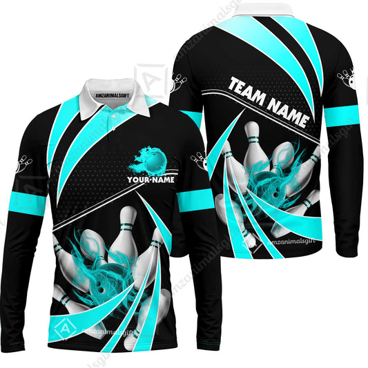 Customized Bowling Long Sleeve Polo Shirt, Bowling Ball & Pins Fire Light Sport Long Sleeve Polo Shirt Multicolor Option For Bowlers