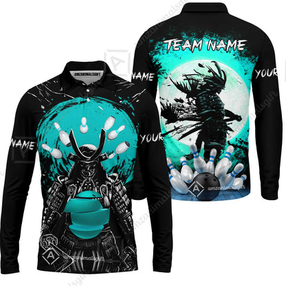 Custom Bowling Team Jerseys Polo Shirts, Bowling uniforms Ball And Pins Samurai Multicolor Options Personalized Name And Team Name