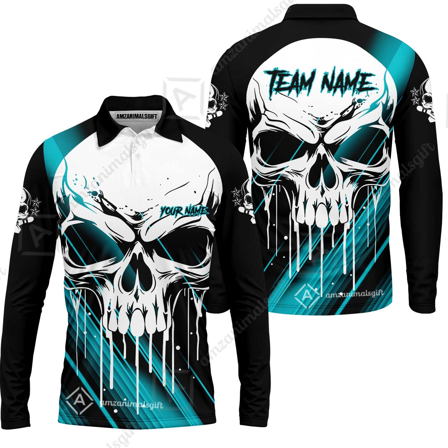 Customized Bowling Polo, Blue Skull Bowling Creepy Style Bowling jerseys Custom Name And Team Shirt