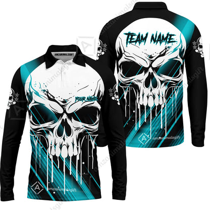 Customized Bowling Polo, Blue Skull Bowling Creepy Style Bowling jerseys Custom Name And Team Shirt