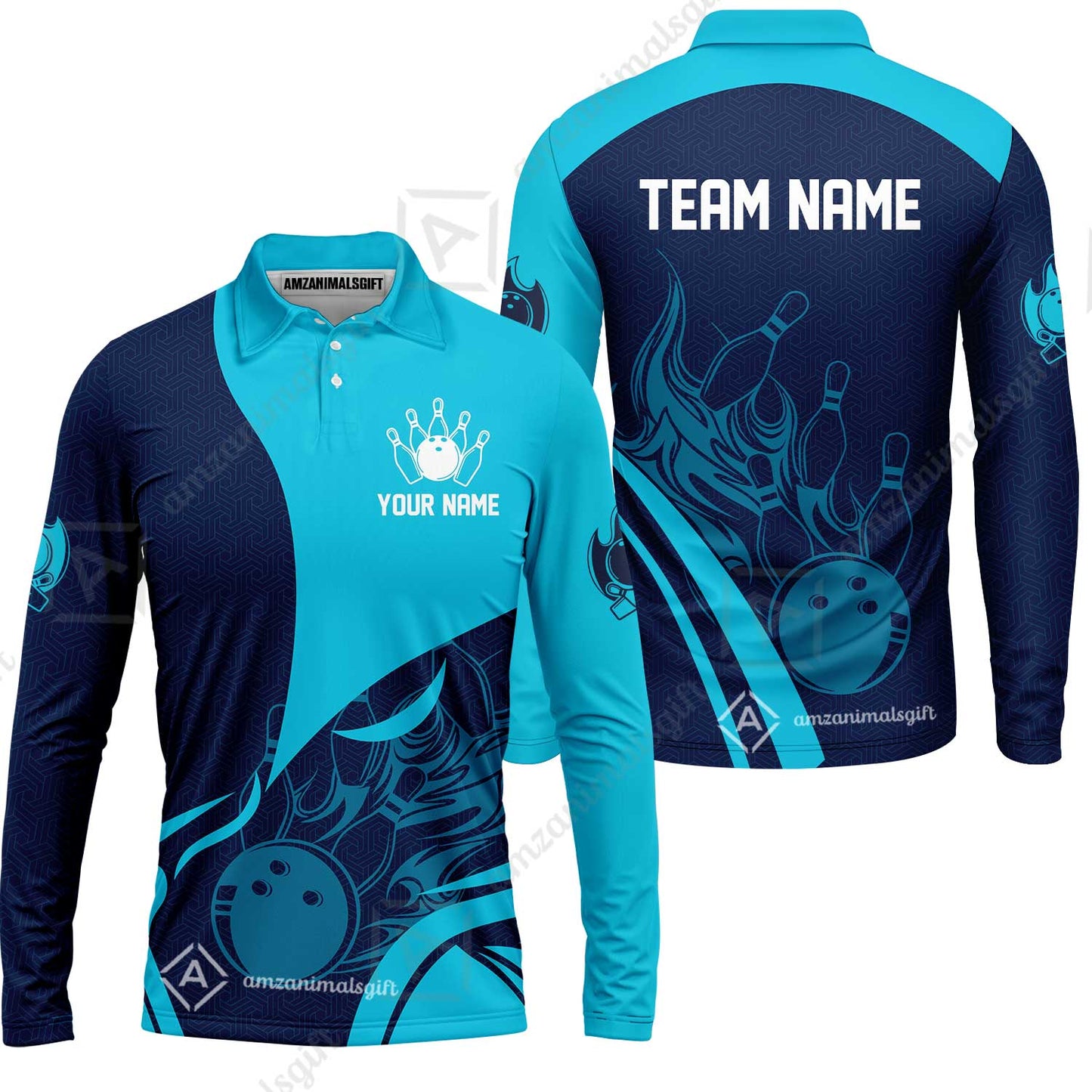 Customized Bowling Long Sleeve Polo Shirt, Flame Bowling Multicolor Custom Team Style Uniform Long Sleeve Polo Shirt, Outfit Jersey for Bowlers
