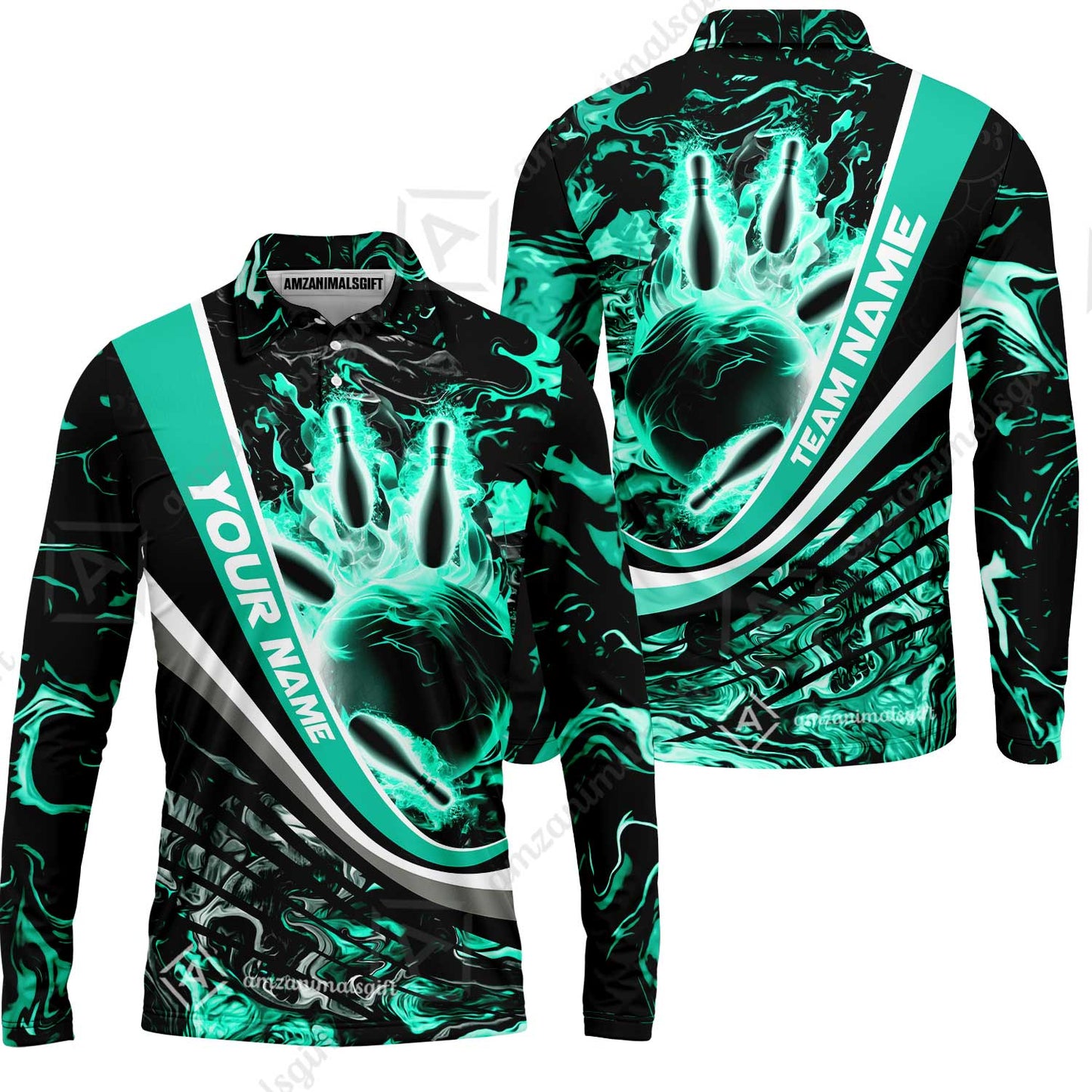 Customized Bowling Polo, Flaming Magma Bowling And Pins Multicolor Option Customized Name Team Name For Bowling Team Shirts