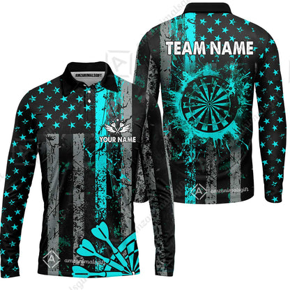 Customized Darts Long Sleeve Polo Shirt, Turquoise Grunge US Flag Patriotic Darts Long Sleeve Polo Shirt Team Style Jersey for Darts Players