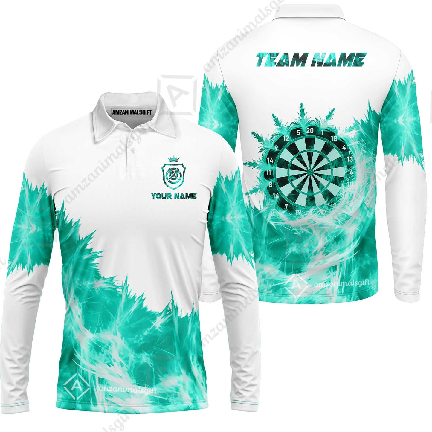 Customized Darts Long Sleeve Polo Shirt, Darts Icy Light White And Multi Color Team Long Sleeve Polo Shirt Jersey For Darts Player